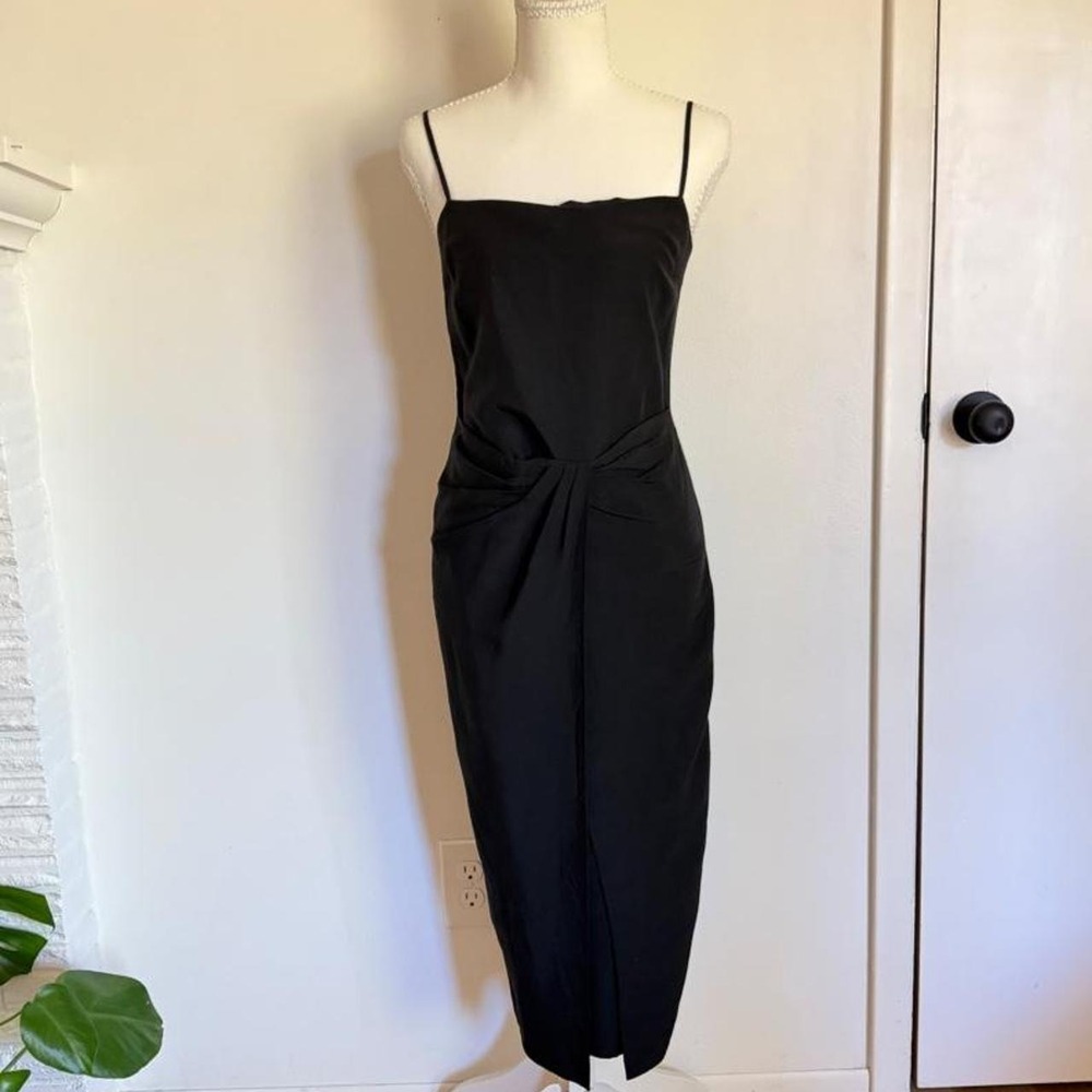 Frame black minimalist midi dress with tie waist and slit